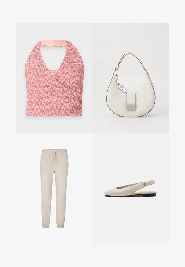 Lys pink halterneck top lavet af tekstureret strikket stof med et omslag design, der har en blød beige kant bagpå for en sikker pasform.; Beige afslappede bukser med elastiske manchetter og snøre i taljen, med frontlommer og en afslappet pasform.; Flatsko i cremefarvet læder med rundet tå og lille guldemblem på remmen.; Hvid læder taske med en buet form, kontrasterende brune detaljer, en sølvlås og en struktureret overflade. Har en enkelt skulderrem.