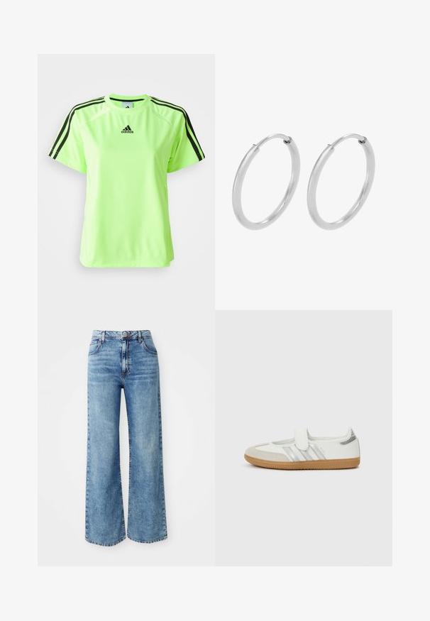 Neon-grünes Sport-T-Shirt aus feuchtigkeitsableitendem Material. Mit schwarzem Dreistreifen-Design auf den Schultern und Logo in der Mitte der Brust.; Hellblaue Denim-Jeans mit weit geschnittenem Bein und hoher Taille, ausgestattet mit fünf Taschen, einer Knopfverschluss und kontrastierender Naht entlang der Nähte.; Weißer Sneaker mit silbernen Streifen, Wildlederzehenkappe und Klettverschluss. Texturierte Gummisohle in Karamellfarbe. Minimalistisches Design mit glatter Oberfläche.; Silberne Creolen, kreisförmig, mit glatter, glänzender Oberfläche und gleichbleibender Breite. Minimalistisches Design ohne zusätzliche Akzente.