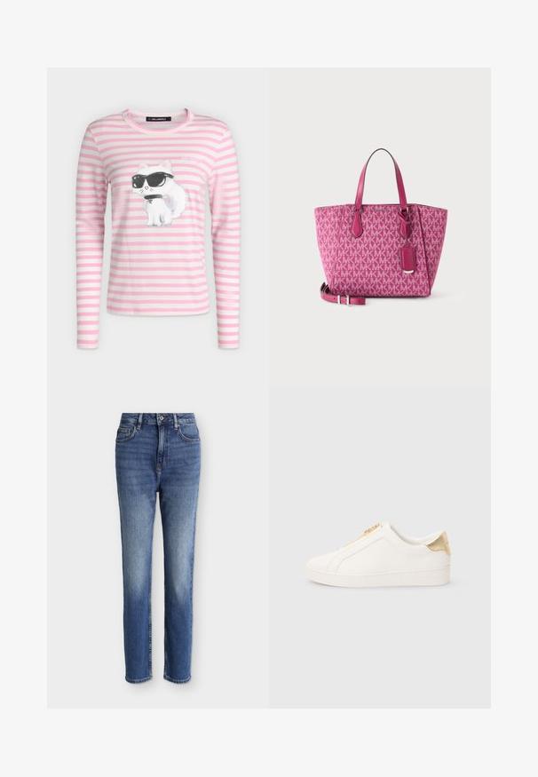 Chemise à manches longues rayée rose et blanche avec un chat blanc portant des lunettes de soleil noires imprimé sur le devant.; Jean bleu moyen taille haute à coupe droite avec poches avant, passants de ceinture, fermeture par bouton, et détails légèrement délavés sur les cuisses et les genoux.; Baskets blanches à enfiler en cuir lisse, avec une fermeture éclair dorée et un accent près du talon avec une finition texturée et un logo embossé sur le côté.; Sac cabas rose Michael Kors avec motif répété du logo MK, deux poignées, bandoulière amovible et accessoire tag en cuir.