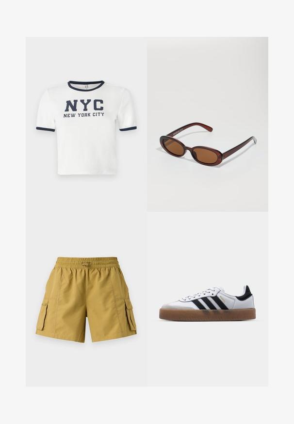 Λευκό κοντομάνικο T-shirt με ναυτικό μπλε λεπτομέρειες στον γιακά και τα μανίκια. Περιέχει έντονα εκτυπωμένο κείμενο: "NYC ΝΕΑ ΥΟΡΚΗ".; Καρό βερμούδα σε καμουφλάζ με ελαστική μέση, κορδόνι και δύο πλαϊνές τσέπες. Κατασκευασμένη από ελαφρύ ύφασμα με απαλή υφή.; Λευκά δερμάτινα αθλητικά παπούτσια με μαύρες ρίγες, σόλα από καουτσούκ γκιομ, στρογγυλή μύτη, κλείσιμο με κορδόνια και μαλακή γκρι σουέτ μύτη.; Στρογγυλά, καφέ-χρωματιστά γυαλιά ηλίου με γυαλιστερή μπορντώ σκελετό. Λεπτά πόδια με διακριτική λεπτομέρεια λογότυπου. Σχεδίαση επίπεδου φακού.