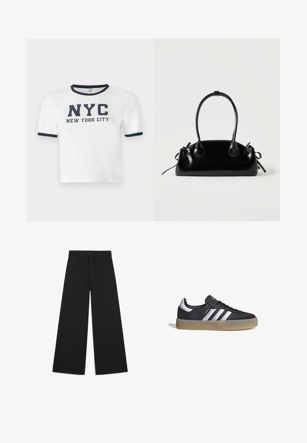 Camiseta blanca de manga corta con acentos en azul marino en el cuello y las mangas. Presenta un texto impreso en negrita: "NYC NUEVA YORK".; Pantalones anchos negros hechos de una suave tela tejida. Presentan pliegues marcados, trabillas para el cinturón y un acabado limpio y ajustado.; Zapatilla deportiva de cuero negro con tres rayas plateadas, punta texturizada y suela de goma. Cuenta con un collar acolchado y un diseño con cordones.; Pequeño bolso negro brillante con dos asas largas y detalles de cordón lateral sobre un fondo claro liso.