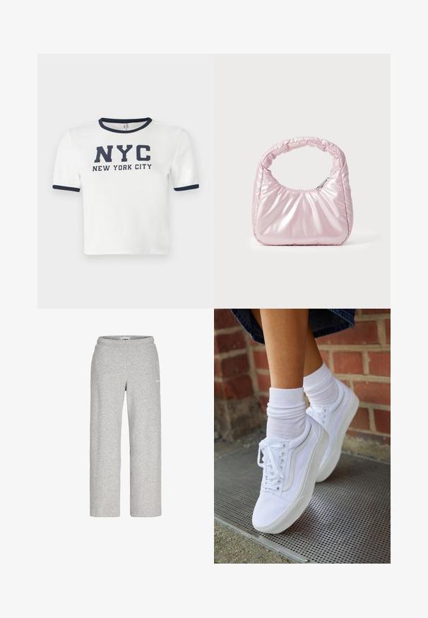 Weißes T-Shirt mit kurzen Ärmeln und marineblauen Akzenten am Kragen und den Ärmeln. Mit dem auffälligen Drucktext: "NYC NEW YORK CITY."; Hellgraue Sweatpants mit geradem Bein, elastischem Bund und kleinem weißen Logo am oberen Oberschenkel.; Weiße Leinensneaker mit Gummisohlen, ausgestattet mit sechs Ösen, runder Zehenpartie und dezenten Nähten, kombiniert mit weißen Knöchelsocken.; Rosa, gepolsterte Handtasche mit abgerundeter Form, aus glänzendem Material gefertigt. Verfügt über einen gerafften Griff und einen Reißverschluss für sicheren Zugang.