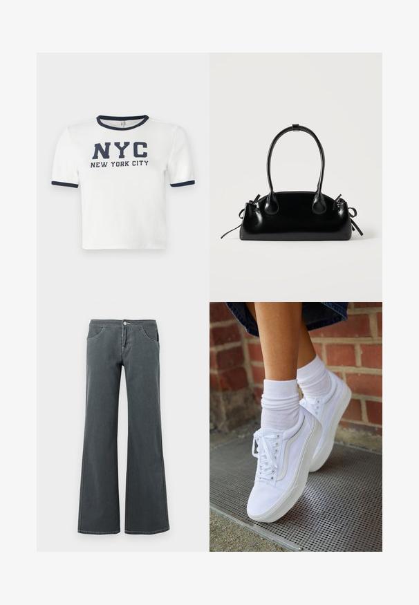Hvid t-shirt med korte ærmer og marineblå detaljer ved kraven og ærmerne. Har fedt trykt tekst: "NYC NEW YORK CITY."; Grå jeans med vidde, lavet af denim med en glat tekstur. Funktioner inkluderer en knaplukning, bælteløkker og forlommer.; Hvide lærreds sneakers med gummisåler, der har seks snørehuller, rund tå og let sømdetaljer, krydret med hvide ankelstrømper.; Lille sort blank håndtaske med to lange håndtag og snøre-detaljer i siden på en ensfarvet lys baggrund.