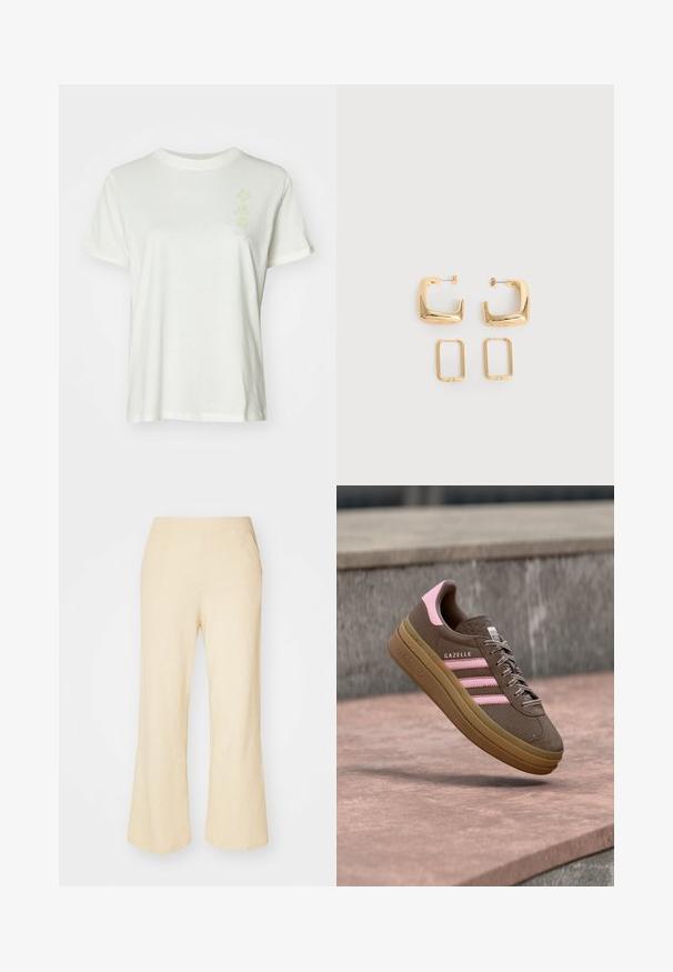 T-shirt en coton blanc avec un col rond, des manches courtes et un design floral pastel subtil à l'avant. Texture douce, coupe décontractée.; Pantalons large en beige clair avec un tissu texturé, dotés d'une taille élastique et de deux poches latérales.; Baskets Adidas Gazelle marron avec des rayures roses et un détail au talon, flottant au-dessus d'une surface en pierre en plein air.; Deux paires de Boucles d'oreilles créoles géométriques dorées sur une surface blanche unie, une paire carrée et pleine, une paire rectangulaire et creuse.