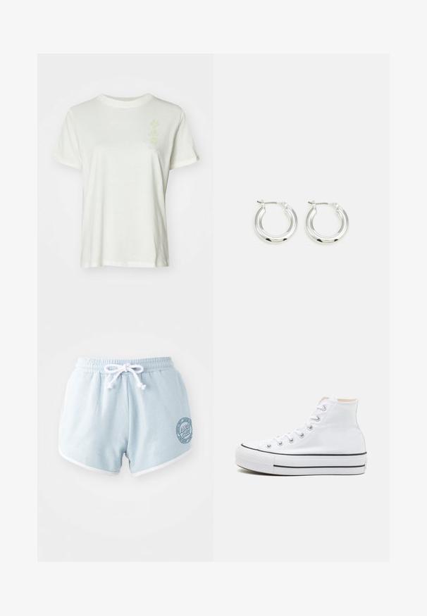 Hvid bomulds t-shirt med rund halsudskæring, korte ærmer og et subtilt pastelfarvet blomstermotiv foran. Blød tekstur, afslappet pasform.; Lyseblå shorts lavet af blødt stof med en hvid snor, der har hvid kant og et rundt logo patch på siden.; Hvide høj-top sneakers lavet af kanvasmateriale, sort gummisål og kontrasterende sort stribe på mellemsålen. Rund tåhætte og snørebåndsdesign.; Sølv hoop-øreringe med en poleret finish, der har en cirkulær form og en hængslet lukning. Glat tekstur med minimal detaljering.
