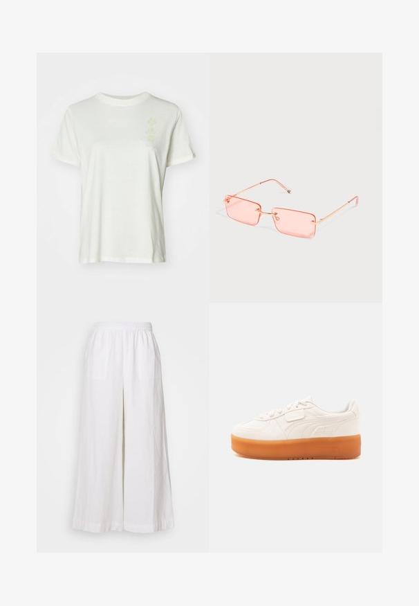 Λευκό βαμβακερό t-shirt με στρογγυλή λαιμόκοψη, κοντά μανίκια και διακριτικό παστέλ λουλούδι στην πρόσοψη. Μαλακή υφή, άνετη εφαρμογή.; Λευκά λινά παντελόνια με ρεβέρ, με ελαστική μέση, διαθέτοντας δύο μπροστινές τσέπες και ελαφρύ, υφασμάτινο υλικό.; Λευκό αθλητικό παπούτσι χαμηλού τύπου με κορδόνια και κλείσιμο με βέλκρο, με παχιά ανοιχτόκαφέ σόλα και διακριτικές ραφές στο πλάι.; Ορθογώνια γυαλιά ηλίου χωρίς πλαίσιο με ροζ απόχρωση, λεπτά χρυσά μεταλλικά μπράτσα και ρυθμιζόμενα μαξιλαράκια στη μύτη σε απλό ανοιχτό φόντο.