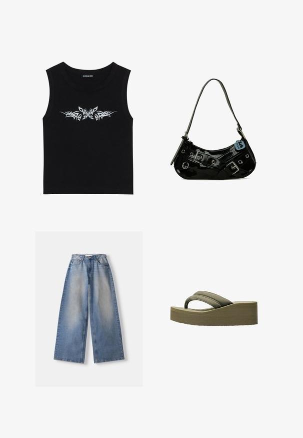 Sort ærmeløs top lavet af bomuld; har design med metallisk sølv sommerfugl og tribal mønster over brystet. Rund halsudskæring.; Lyseblå vidde jeans med falmet front, fem-lomme stil, knap- og lynlåslukning, lagt fladt på en hvid baggrund.; Olivegrønne platform flip-flops med en bred rem og tekstureret sål, der har en glat overflade og et buet design for komfort.; Sort lakeret skuldertaske med en buet form, udsmykket med sølvhardware, dekorative spænder og en kort rem. Blå mærkat vedhæftet.