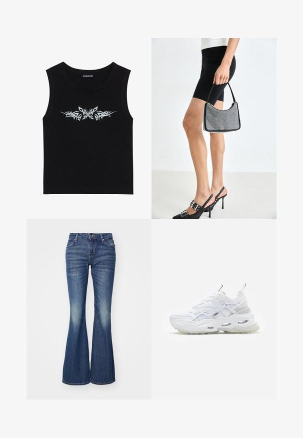 Haut sans manches noir en coton ; présente un design avec un papillon argent métallique et un motif tribal sur la poitrine. Encolure ronde.; Jean bleu évasé en denim avec un effet délavé, présentant des poches classiques et une fermeture à un bouton.; Baskets blanches avec une semelle épaisse, un dessus en mesh superposé et synthétique, présentant des accents à motifs, un système de laçage et une languette.; Sac à main à perles noires avec une silhouette courbée, une poignée de transport et une texture brillante. Porté avec des chaussures à talons hauts noires et un short noir ajusté.