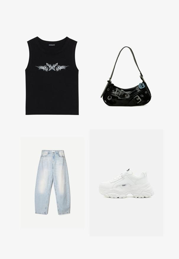 Sort ærmeløs top lavet af bomuld; har design med metallisk sølv sommerfugl og tribal mønster over brystet. Rund halsudskæring.; Lyseblå denimbukser med en loose fit, der har en falmet finish, to forlommer og en knaplukning i taljen.; Hvide chunky sneakers med en glat læderoverdel, rund tå og tyk tekstureret sål med et synligt brandlogo på siden.; Sort lakeret skuldertaske med en buet form, udsmykket med sølvhardware, dekorative spænder og en kort rem. Blå mærkat vedhæftet.