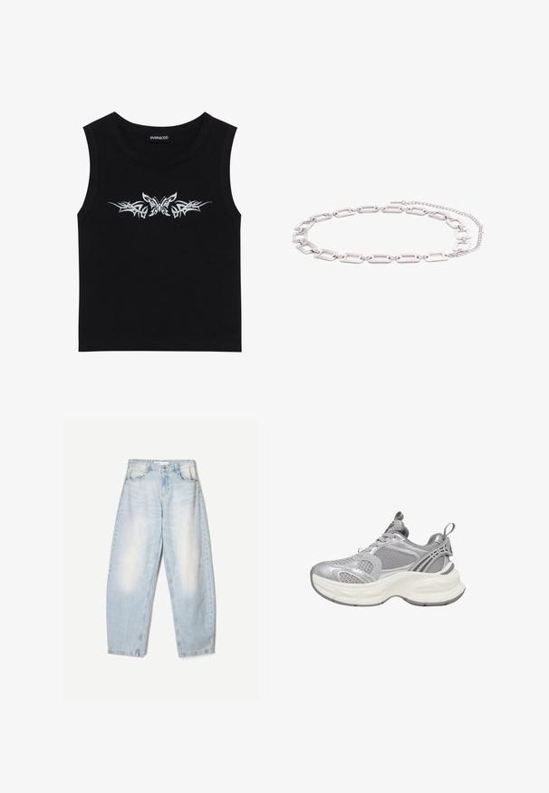 Sort ærmeløs top lavet af bomuld; har design med metallisk sølv sommerfugl og tribal mønster over brystet. Rund halsudskæring.; Lyseblå denimbukser med en loose fit, der har en falmet finish, to forlommer og en knaplukning i taljen.; Sølv atletiksneakers med øverste del i mesh, rundet sål, strukturerede detaljer og forstærkede accenter for ekstra støtte.; Sølvfarvet halskæde med åbne rektangulære kædelinks og en justerbar låsekæde på hvid baggrund.