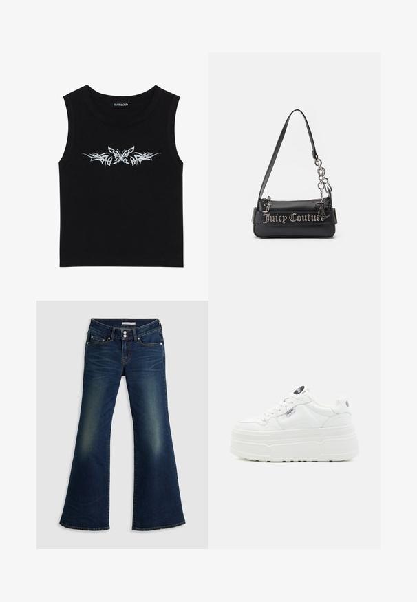 Sort ærmeløs top lavet af bomuld; har design med metallisk sølv sommerfugl og tribal mønster over brystet. Rund halsudskæring.; Mørkeblå denim superlow flare jeans med for- og baglommer, dobbelt knappelukning og slidte detaljer på lår og knæ.; Hvide platform sneakers med en glat syntetisk overflade, rund tå, polstret krave og tekstureret sål. Har et kontrasterende logo-tag.; Sort håndtaske lavet af tekstureret syntetisk materiale. Har en kædestrop og sølv "Juicy Couture" logoet fremtrædende vist på forsiden.