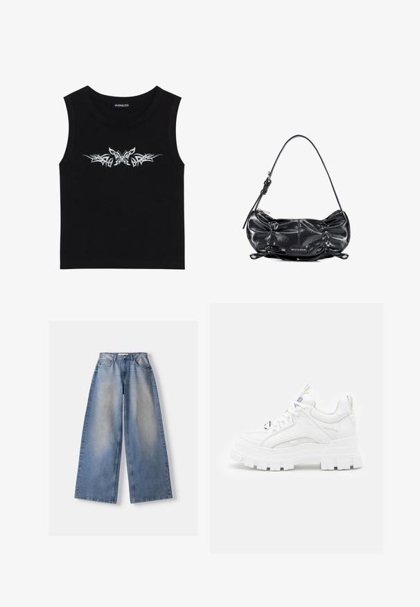 Schwarzes ärmelloses Oberteil aus Baumwolle; mit einem metallisch silbernen Schmetterlings- und Tribal-Musterdesign über der Brust. Rundhalsausschnitt.; Hellblaue Jeans mit weitem Bein und verblasster Vorderseite, Fünf-Taschen-Stil, Knopf- und Reißverschluss, flach auf einem weißen Hintergrund gelegt.; Weiße klobige Sneakers mit einer strukturierten Oberseite, gepolstertem Schaft und dicker, gerippter Sohle. Verfügt über kontrastierende schwarze Schnürsenkel und Branding-Details.; Schwarze glänzende Lederschultertasche mit gerafften Seiten, verstellbarem Träger, Reißverschluss und Wittchen Markenlabel vorne in der Mitte.