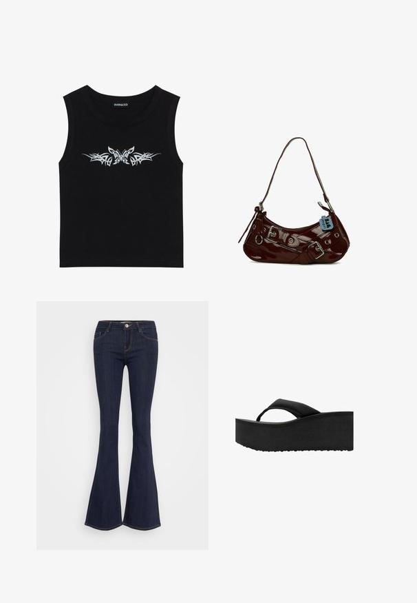 Sort ærmeløs top lavet af bomuld; har design med metallisk sølv sommerfugl og tribal mønster over brystet. Rund halsudskæring.; Mørke denim flare jeans med en tætsiddende talje, der har en forsænket knaplukning, fem-lomme design og sømdetaljer langs benene.; Sort platform flip-flop med tyk polstret sål og bred tårem, set fra siden på hvid baggrund.; Bordeaux patentskinds læder håndtaske med en buet form, sølv hardware detaljer og en dekorativ spænde. Har en kort rem og lynlås lukning.