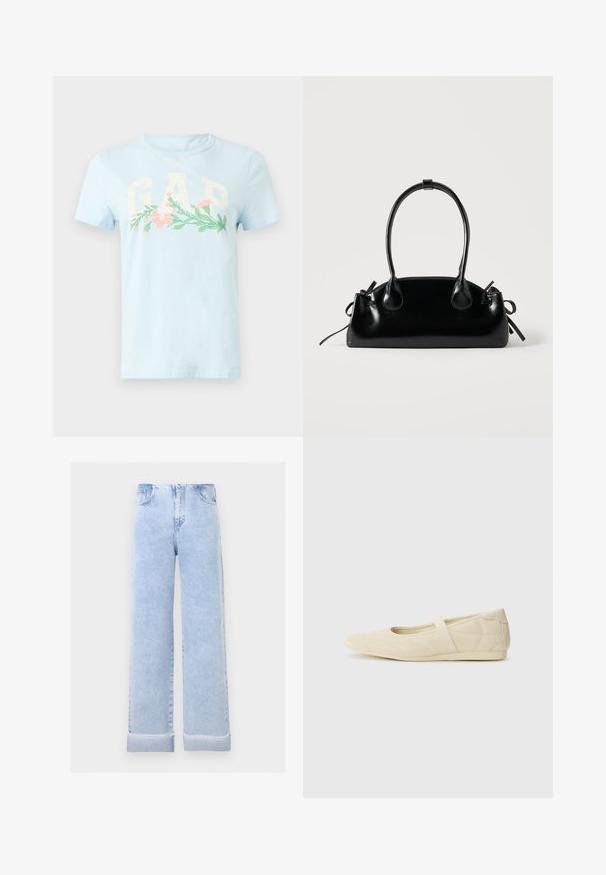 T-shirt bleu clair à manches courtes avec de grandes lettres blanches "GAP" et un dessin floral horizontal en rose et vert traversant la poitrine.; Jean large bleu clair avec revers roulés et poches avant, présenté sur un fond gris clair uni.; Ballerines beiges avec une exterior en cuir lisse, un bout en forme d'amande et une sangle élastique sur le coup de pied, avec des détails de couture subtils.; Petit sac à main noir brillant avec deux longues anses et des détails à cordon sur les côtés sur un fond clair uni.