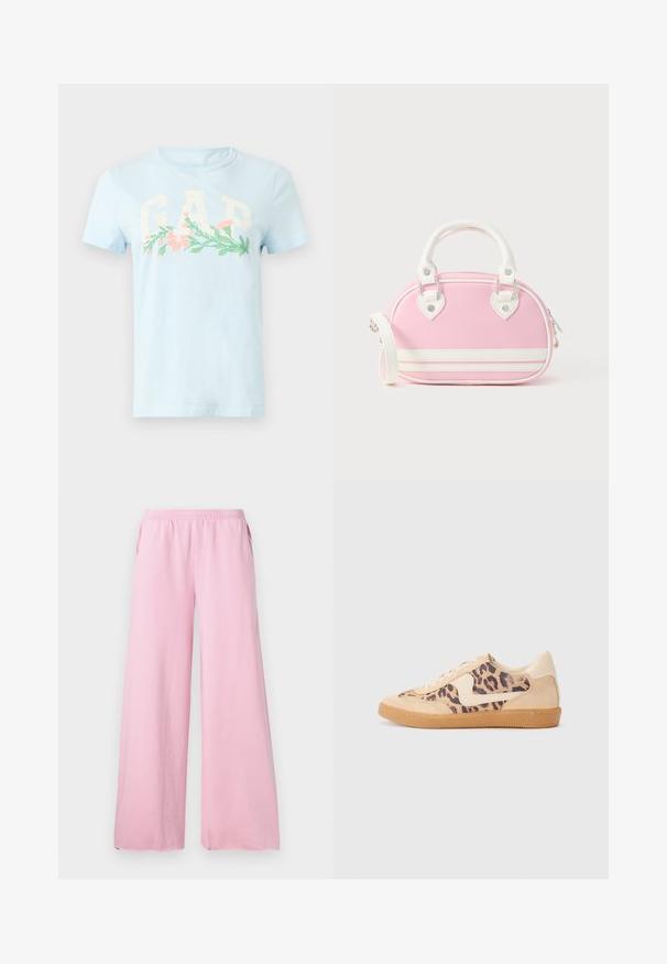Lichtblauw T-shirt met korte mouwen, grote witte letters "GAP" en een horizontaal bloemenpatroon in roze en groen over de borst.; Roze wijde broek gemaakt van zachte stof met een elastische tailleband en zijzakken. Heeft een recht, vloeiend model.; Luipaardprint sneakers met een beige suède bovenkant, tan rubberen zool en witte accenten. Ronde neus en vetersluiting met een gestructureerde afwerking.; Roze handtas met witte accenten, afgeronde vorm, handvatten aan de bovenkant, afneembare schouderriem en hartvormige sierdetails. Ritssluiting.