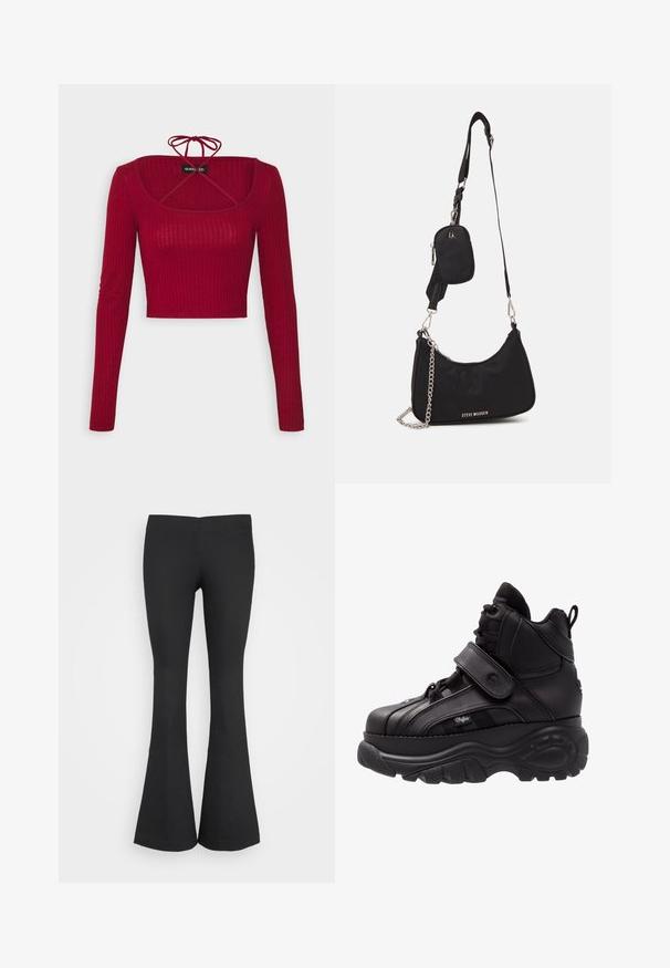 Even&Odd by Zalando T-shirt à manches longues - bordeaux; Monki Pantalon classique - black; Baskets montantes noires avec une semelle en caoutchouc épaisse, tige en cuir, fermetures à lacets et à bande Velcro, et détails de panneau latéral texturé.; Sac en nylon noir à l'épaule avec une forme incurvée, accent en chaîne argentée, pochette mini amovible et bandoulière ajustable ; présente le logo "Steve Madden".