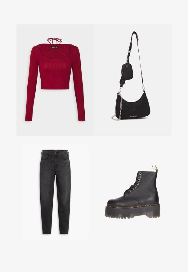 Even&Odd by Zalando Top s dlhým rukávom - bordeaux; Čierne slim fit jeans s vysokým pásom, s prednými a zadnými vreckami, zapínaním na gombík a pútkami na opasok, zobrazené na bielom pozadí.; Čierne kožené členkové topánky so šiestimi očkami na šnurovanie, žltým vyšívaním a priehľadnou platformou so zúbkovaným okrajom.; Čierna nylonová taška cez rameno so zakriveným tvarom, strieborným reťazovým akcentom, odnímateľnou mini taškou a nastaviteľným popruhom; má logo "Steve Madden".
