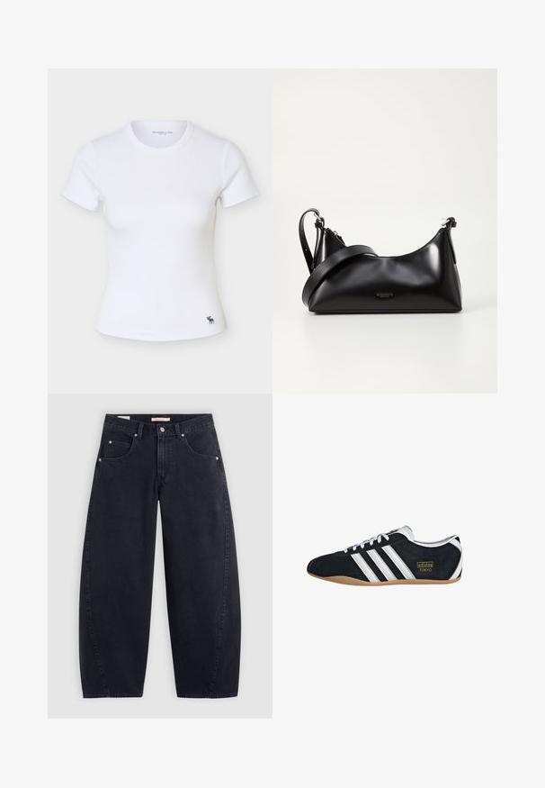 Wit aansluitend geribd T-shirt met korte mouwen, ronde hals en klein donker hertlogo vlak bij de onderste zoom aan de linkerkant.; Zwarte denim wijde pijpen jeans met een hoge taille, twee frontzakken en zilveren hardware. Gladde textuur, minimale stiksels en rechte snit.; Zwarte suède sneaker met witte drie strepen, gouden logo en een bruine rubberen zool. Heeft een laag profiel vetersluiting ontwerp.; Zwarte leren handtas met een gladde textuur. Beschikt over een verstelbare schouderband en een strak, minimalistisch ontwerp met een ritssluiting.