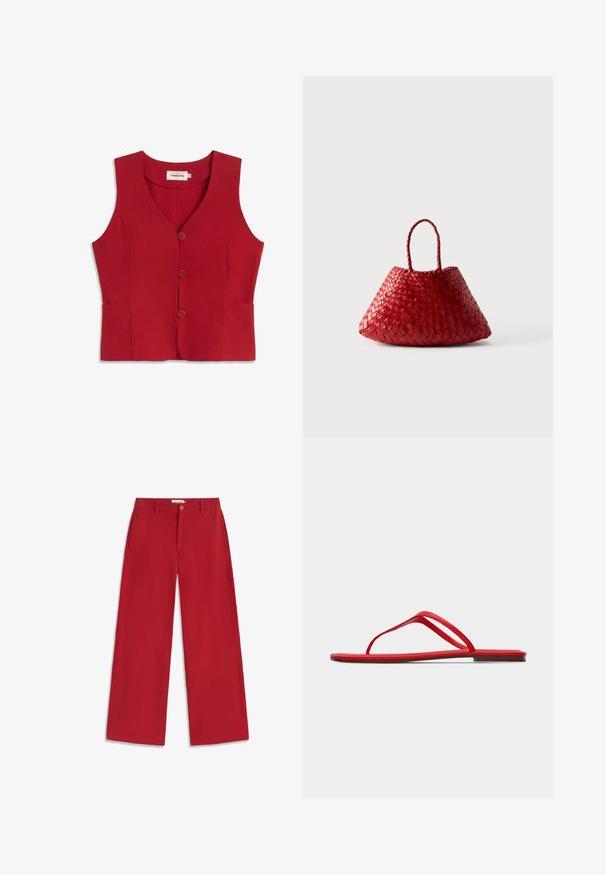 Gilet rouge sans manches avec col en V, trois boutons à l'avant et deux poches latérales, en tissu lisse.; Pantalon rouge à jambes larges avec fermeture à bouton et fermeture éclair, passants pour ceinture et poches latérales, présenté à plat sur un fond blanc.; Sandale plate rouge avec fines brides doubles et une semelle minimaliste sur un fond uni gris clair.; Sac à main en cuir tressé rouge avec une forme triangulaire arrondie et deux poignées tressées sur fond blanc.