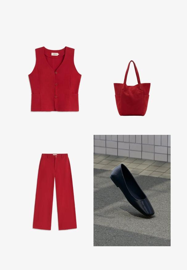 Gilet rouge sans manches avec col en V, trois boutons à l'avant et deux poches latérales, en tissu lisse.; Pantalon rouge à jambes larges avec fermeture à bouton et fermeture éclair, passants pour ceinture et poches latérales, présenté à plat sur un fond blanc.; Chaussure plate en cuir noir debout sur une surface asphaltée près du bord d'un trottoir carrelé.; Sac cabas en daim rouge avec deux longues anses et des poches latérales, debout sur un fond blanc uni.