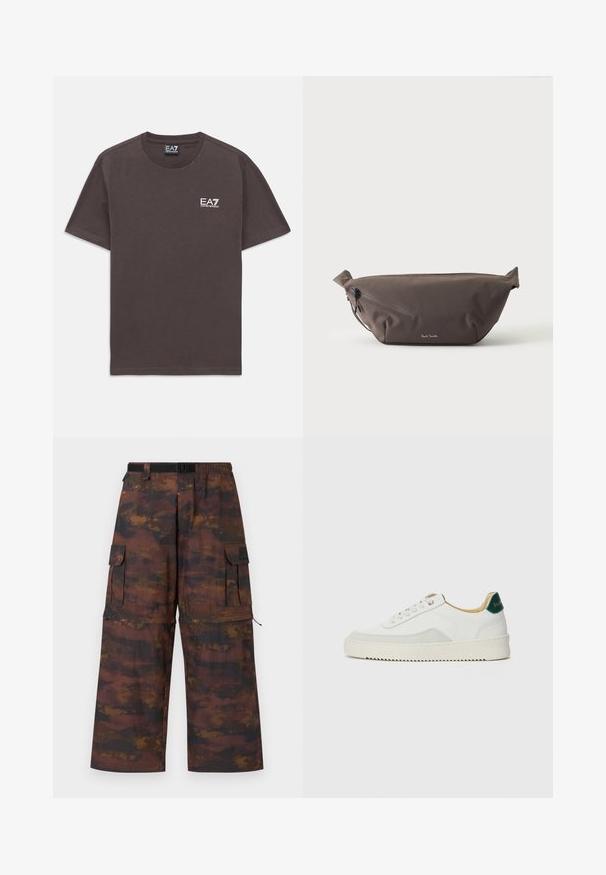 Camiseta de tirantes corta de color gris oscuro con pequeño logo en blanco de EA7 Emporio Armani en el lado izquierdo del pecho y etiqueta en el cuello.; Pantalones cargo en un tejido marrón texturizado con un patrón abstracto desgastado. Presentan piernas anchas, cinturilla elástica y múltiples bolsillos.; Zapatilla blanca con acentos de ante, puntera redondeada, cordones planos y suela de goma color crema. Presenta un logo verde en el talón.; Riñonera de tela marrón oscuro con bolsillo diagonal con cremallera y pequeño logo blanco en el frontal, sobre un fondo liso y claro.