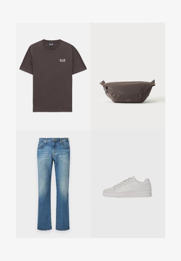 T-shirt à col rond gris foncé à manches courtes avec un petit logo blanc EA7 Emporio Armani sur la poitrine gauche et une étiquette au cou.; Pantalon en denim bleu, design à jambe droite avec un délavage, présentant un style classique à cinq poches et des accents en métal.; Baskets en cuir gris clair avec une texture lisse, bout arrondi, semelle en caoutchouc plate et lacets ton sur ton. Présente un minimalisme de la marque en doré.; Sac banane en tissu marron foncé avec poche zippée en diagonale et petit logo blanc sur le devant, sur un fond clair uni.