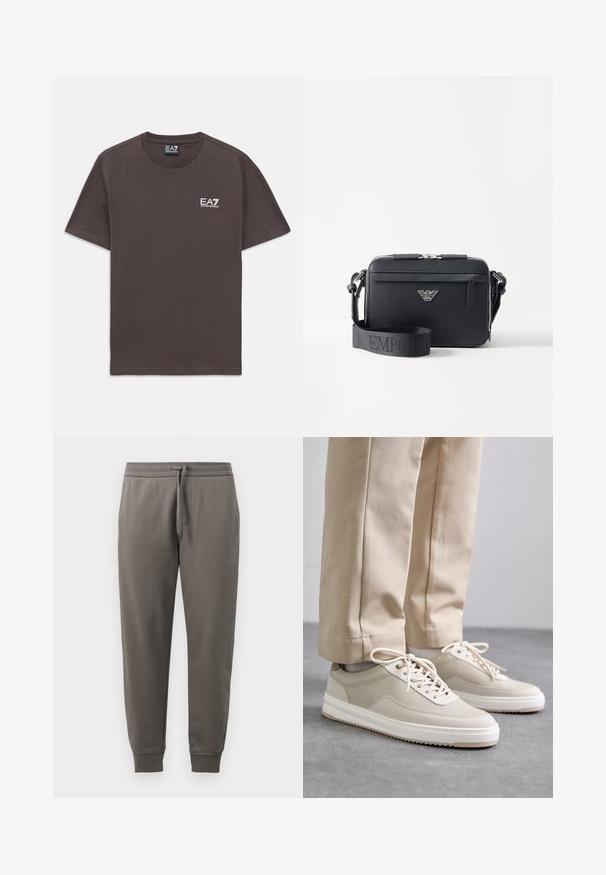 T-shirt à col rond gris foncé à manches courtes avec un petit logo blanc EA7 Emporio Armani sur la poitrine gauche et une étiquette au cou.; Pantalon de survêtement gris avec une taille à cordon, jambes fuselées et poignets côtelés. Texture lisse, avec un discret détail de logo.; Baskets beiges avec un dessus texturé, semelles blanches et accents cousus, assorties à un pantalon beige, présentées sur une surface grise.; Sac bandoulière noir en matériau texturé. Comprend une fermeture zippée, une poche zippée à l'avant et un accent en métal avec logo. Inclut une bandoulière réglable.