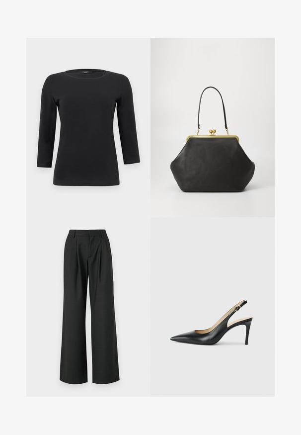 Chemise noire à manches longues avec col rond, silhouette ajustée et texture de tissu lisse et unie.; Won Hundred CAMILLE TROUSERS - Pantalon classique - licorice; Escarpins en cuir noir avec une pointe fine, une bride ajustable et un talon aiguille élégant, présentant une finition lisse.; COACH Sac à main - black