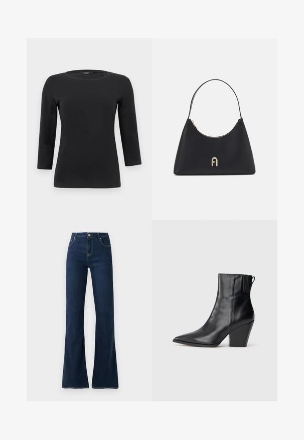 Zwart T-shirt met lange mouwen, ronde hals, een getailleerde pasvorm en een gladde, effen stoftextuur.; Donkerblauwe flared jeans met een hoge taille, gemaakt van denimstof. Bevat twee voorkruiken en contrasterende stiksels langs de naden.; Zwarteleren enkellaarsjes met een spitse neus, textuur bovenwerk en chunky hoge hak. Voorzien van een zij-elastisch paneel voor eenvoudig aan- en uittrekken.; Zwarte leren handtas met een gebogen vorm, een korte handgreep, gouden hardware en een rits aan de bovenkant. Bevat een logo-accent aan de voorkant.