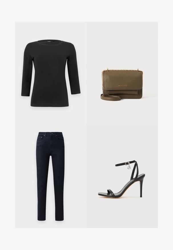 Sort langærmet t-shirt med rund hals, tætsiddende silhuet og glat, ensartet stoftekstur.; Mørkeblå denim bukser med lige ben, featuring en knaplukning, fem lommer og subtile stikninger.; Sort hæl-sandal med smal ankrem, firkantet tå-boks, glat lædermateriale og metalspænde som pynt.; Olivengrøn Michael Kors læder crossbody-taske med klaplås, guldkædestrop og forlomme, vist mod en plain hvid baggrund.