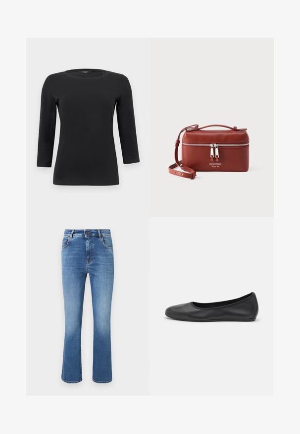 Chemise noire à manches longues avec col rond, silhouette ajustée et texture de tissu lisse et unie.; Jean en denim bleu taille haute avec jambes légèrement évasées, cinq poches, fermeture par bouton et décoloration subtile sur le devant.; Ballerines en cuir noir avec un bout rond, texture lisse, détails de couture minimalistes et design de semelle flexible.; Petit sac bandoulière en cuir marron avec double fermeture éclair argentée et sangle réglable, logo Emporio Armani à l'avant.
