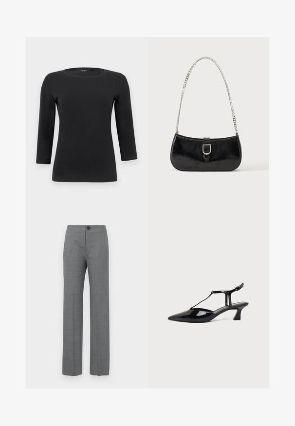 Camiseta negra de manga larga con cuello redondo, silueta ajustada y textura de tela suave y lisa.; Pantalones grises de corte recto, con cierre de botón, bolsillos laterales y una tela lisa y texturizada.; Zapato slingback de cuero charol negro con punta fina, tira en T y tacón bajo en bloque inclinado sobre fondo blanco.; Bolso de hombro de charol negro con detalle de hebilla plateada y correa de cadena plateada, presentado sobre un fondo liso y claro.
