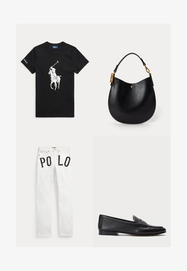 Sort kortærmet T-shirt med hvid polo-spiller på hest grafik i midten og teksten ""Polo"" på venstre ærme.; Hvide denimjeans med frontlommer og sorte bogstaver, der staver "PO LO" tværs over det øverste lårområde på hvert ben.; Sorte læder loafers med struktureret finish, der har en dekorativ rem og flad hæl. Slank, minimalistisk design med rund tå.; Sort læderhandtaske med afrundet form, kort hank, guldhardware og en diskret guldprikkedetalje på forsiden. Glat tekstur.