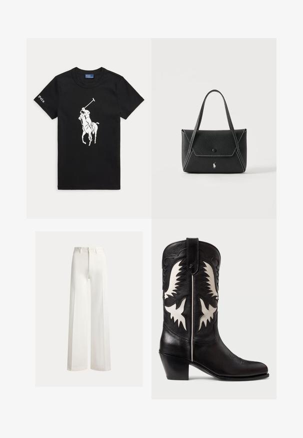 Schwarzes T-Shirt mit kurzen Ärmeln und weißem Polospieler auf Pferd Grafik in der Mitte sowie dem Text ""Polo"" auf dem linken Ärmel.; Weiße, weit geschnittene Hose mit hohem Bund, Gürtelschlaufen und vorderer Knopfleiste, vor einfarbigem Hintergrund dargestellt.; Schwarze Ledercowboystiefel mit weißen eckigen Akzenten, dekorativer Stickerei, einer spitzen Zehe und einem niedrigen, gestapelten Absatz.; Schwarze Lederhandtasche mit zwei Griffen, Frontklappe mit Knopfverschluss, weißen Nähten und kleinem Pferdelogo auf schlichtem Hintergrund.