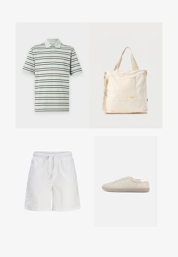 Polo rayé en vert clair, avec des rayures horizontales noires et blanches. Col à trois boutons et manches courtes. Texture en coton.; Shorts en coton blancs avec une taille élastique et un cordon de serrage. Présentent une coupe décontractée et des poches latérales.; Baskets en daim beige avec une tige texturée, un contrefort de talon blanc lisse, de fines lacets et une semelle extérieure en caoutchouc. Présente un design bas profil.; Sac fourre-tout en toile crème avec poche avant, deux poignées, bandoulière réglable et petit texte jaune "O.N.S" en bas à droite de la poche.