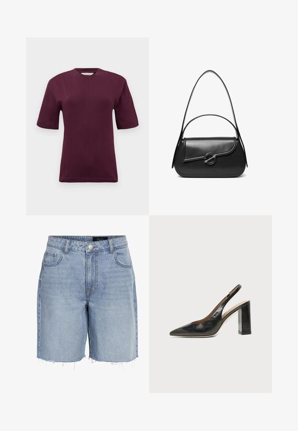Camiseta de manga corta color marrón burdeos, confeccionada con suave tela de algodón, que presenta un escote redondo y detalles de costura sutiles en la parte delantera.; Pantalones cortos de mezclilla azul claro con cintura alta, cinco bolsillos, dobladillo deshilachado y un cierre clásico de botón. Hechos de una suave tela texturizada.; Zapato slingback de piel negra con puntera puntiaguda, tacón alto y ancho, y forro interior beige sobre un fondo claro y liso.; Bolso de hombro de cuero negro con una solapa curva asegurada por un broche metálico redondo y una correa delgada y ajustable.