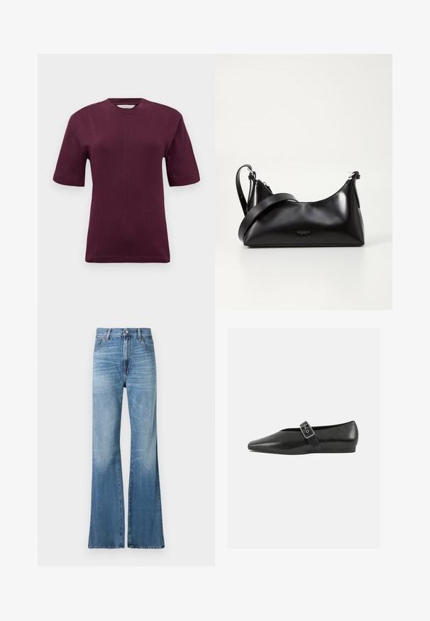 Kurze ärmeln burgunderfarbenes T-Shirt aus glattem Baumwollstoff, mit rundem Halsausschnitt und dezenten Nahtdetails auf der Vorderseite.; Replay BECKA PANTS - Jeans Relaxed Fit - medium blue; Schwarze Lederflachschuhe mit spitzem Zehenbereich, ausgestattet mit einem metallischen Riemen über dem Spann und einer niedrigen, flexiblen Sohle.; Schwarze lederne Handtasche mit glatter Textur. Verfügt über einen verstellbaren Riemen und ein elegantes, minimalistisches Design mit einem Reißverschluss.