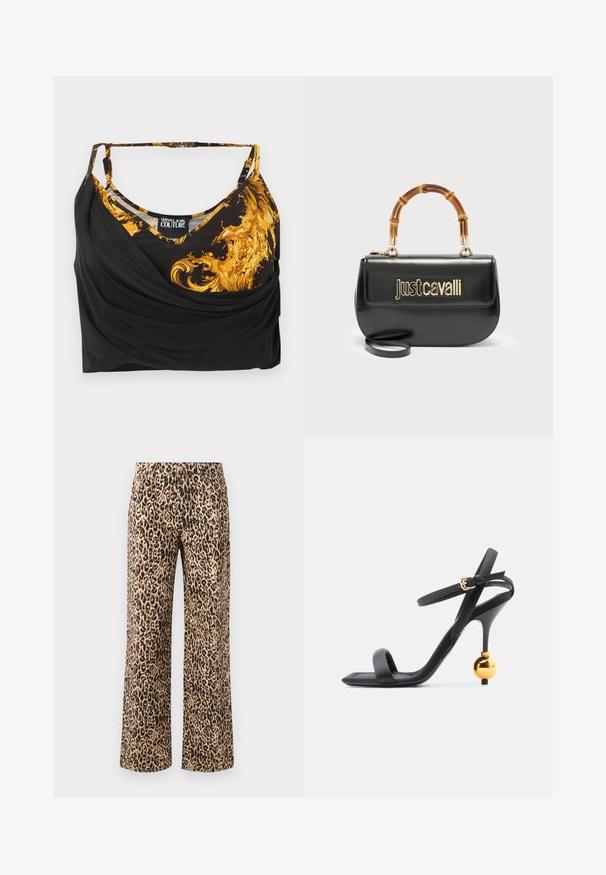 Sort ærmeløs kort top med guldfarvet barok swirl-print og justerbare tynde stropper, mærket Versace Jeans Couture.; Leopardprint brede benbukser i beige og sort. Fabrik i bomuldsblanding med en glat tekstur, der har et højt talje design og ingen synlige metaldele.; Sort højhælet sandal med tynd anklerem og unikt guldfarvet kugleformet hældetalje, der har et firkantet tådesign.; Sort læderhåndtaske med guld "Just Cavalli"-logo foran og buet bambushåndtag, med aftagelig lang rem.