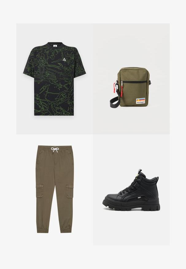 T-shirt noir avec motif abstrait vert en lignes, manches courtes et encolure arrondie; présente un petit logo sur le côté supérieur gauche.; Pantalons cargo kaki avec une taille élastique et un cordon de serrage, dotés de poches latérales et de chevilles côtelées. Fabriqués en matériau texturé et léger.; Baskets montantes noires en cuir texturé, dotées d'une semelle en caoutchouc épaisse, d'un laçage à l'avant et d'un petit logo sur le côté.; Sac bandoulière compact vert olive avec sangle noire, poche zippée à l'avant avec tirettes rouges, et patch "montagne" avec des rayures de coucher de soleil.