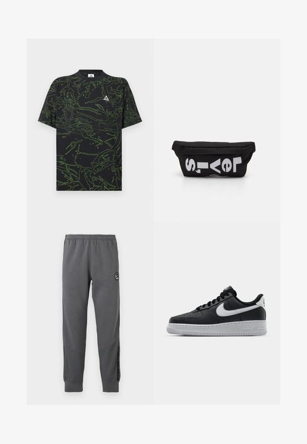 Schwarzes T-Shirt mit grünem abstraktem Linienmuster, kurzen Ärmeln und rundem Ausschnitt; verfügt über ein kleines Logo auf der oberen linken Seite.; Graue Sweatpants aus weichem Stoff mit einem elastischen Bund, schmal zulaufenden Beinen, Seitenpaneelen und einem runden Logo-Patch.; Schwarze Ledersneaker mit strukturierten Oberflächen, weißem Nike-Swoosh, grauer Sohle, runder Zehenpartie und Schnürdesign. Verfügt über Perforationen an der Zehenbox.; Schwarze Stofftasche mit flacher Form, mit fettgedrucktem weißen Text. Der Reißverschluss befindet sich oben, mit einer Schlaufe an einer Seite.