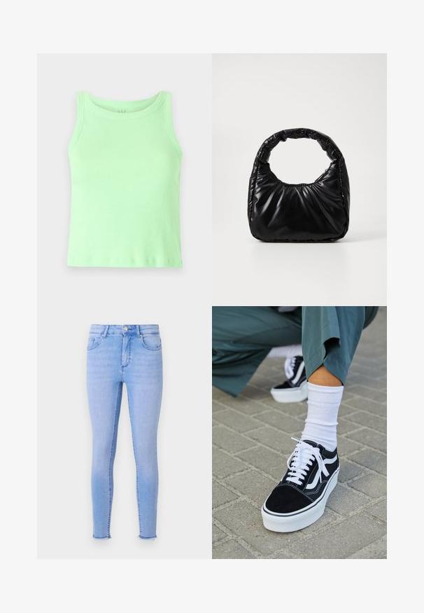 Svetlozelený rebrovaný top bez rukávov s okrúhlym výstrihom. Materiál vyzerá mäkko s miernym elastickým efektom a hladkou textúrou.; Světle modré skinny džíny vyrobené z denimu, s vysokým pasem, pětimiestnym designom a jemne obrovskými okrajmi pri členkoch.; Čierne semišové tenisky s bielymi akcentmi a šnúrkami, s hrubou bielou podrážkou a kontrastným prešívaním, doplnené o bielu ponožku.; Čierna vycpaná kabelka s okrúhlym držadlom, s hladkým, lesklým povrchom a jemnou prešitou textúrou. Žiadne viditeľné kovanie ani akcenty.