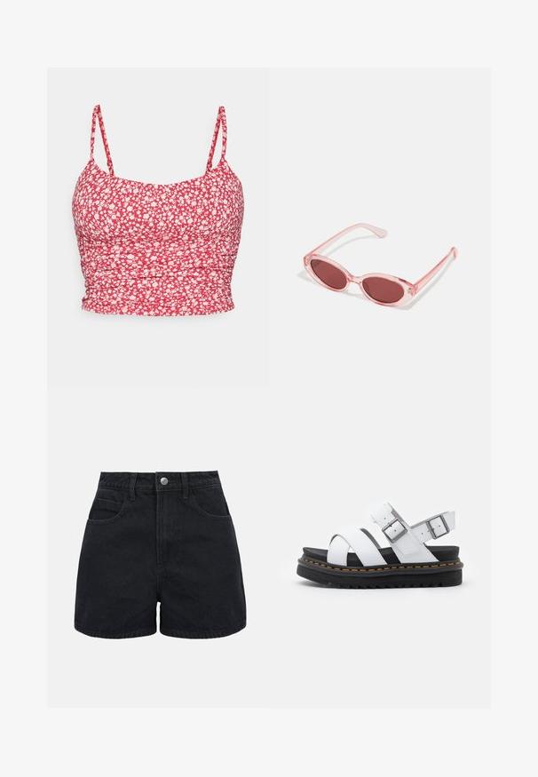Rode bloemen crop top met dunne bandjes. De stof heeft een wit bloemenpatroon en gerimpelde textuur langs de zijkanten voor een aansluitende look.; Zwarte denim shorts met hoge taille, voorste knoopsluiting, riemlussen en twee voorzakken tegen een effen witte achtergrond.; Witte leren sandalen met verstelbare gespsluitingen, gelaagde zwarte plateauzool en oranje stiksel langs de rand.; Roze transparante zonnebril met ovale lenzen, donkerrode tint en slanke pootjes, met een gladde afwerking en subtiele details op het frame.