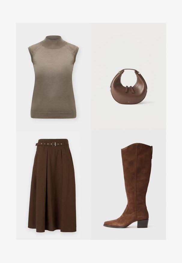 Ärmelloses Strickoberteil in Taupe mit hohem Stehkragen und gerippten Kanten an Ärmeln und Saum, auf einfarbigem Hintergrund präsentiert.; Dunkelbrauner A-Linien-Midirock mit hoher Taille, Falten, Gürtelschlaufen und passendem Gürtel mit silberner Schnalle.; Braune Wildleder-Stiefel bis zum Knie mit spitzen Zehen und einem gestapelten Absatz. Sie verfügen über eine glatte Oberfläche und minimalistische Nähdetails.; Braune, sichelförmige Lederhandtasche mit einem oberen Griff und zwei Reißverschluss-Schiebern vor weißem Hintergrund.