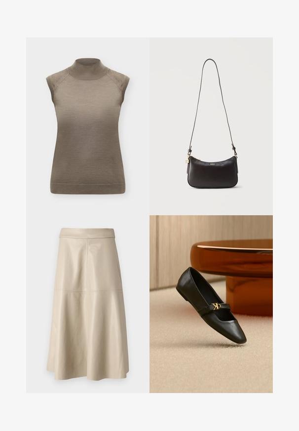 Ærmeløs taupe striktop med høj hals og ribkanter på ærmer og kant, vist på ensfarvet baggrund.; Beige high-waist A-line lædernederdel med synlige sømdetaljer henover midten og tæt ved linningen.; Sort læder flad sko med spids tå og gyldent CK-logo på rem, placeret på beige tæppe nær et rundt ravbrunt bord.; Sort skuldertaske i læder med guldlukning, guld "BOSS"-logo og justerbar rem på ensfarvet lys baggrund.