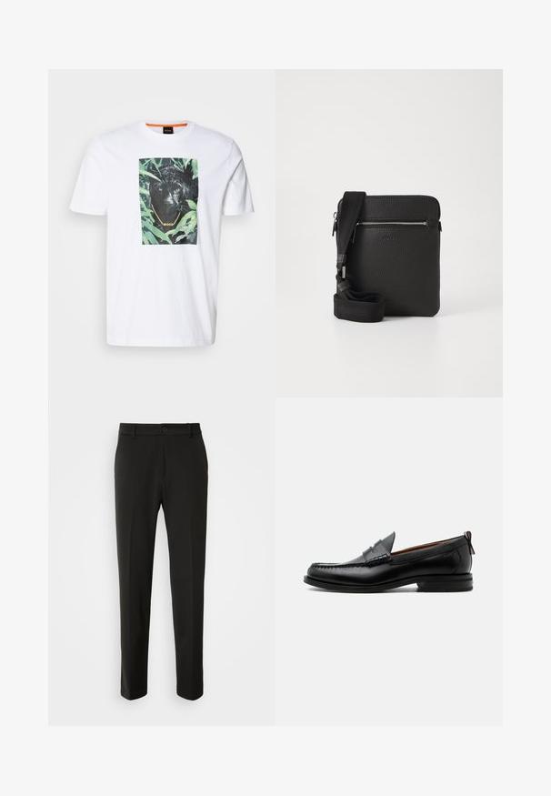 T-shirt en coton blanc portant un graphique marqué d'un panthère noire entourée de feuillage vert, avec une chaîne dorée et un détail de marque.; Pantalon noir en tissu lisse, avec des jambes droites, une fermeture à bouton et un design classique adapté à un usage formel ou décontracté.; Mocassin homme en cuir noir avec couture moc toe, bride penny, col texturé et petit talon empilé sur fond blanc.; Sac à bandoulière en cuir noir avec une surface texturée, poche avant zippée et une sangle en tissu réglable. Design simple et carré.