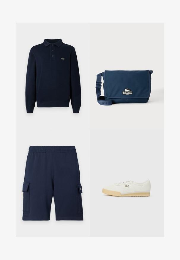 Mørkeblå langærmet polo t-shirt med knaplukning og lille grøn krokodille-logo på brystet.; Marineblå cargoshorts lavet af blødt stof, med elastisk taljebånd, to sidelommer og et lille logo på venstre lomme.; Hvide lædersneakers med en struktureret overflade, beige gummisål, snørebåndsdesign og subtil logodetalje på siden.; Marineblå Lacoste messenger taske med justerbar rem og logo på frontklap, sat mod en ensfarvet lys baggrund.