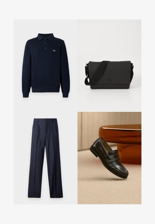 Polo à manches longues bleu marine avec patte de boutonnage et petit logo de crocodile vert sur la poitrine.; Pantalons en laine bleu marine avec une coupe ajustée, présentant un devant plissé et des jambes larges. Texture lisse et lignes épurées, adaptés aux occasions formelles.; Mocassin en cuir noir brillant avec un détail de bride, posé sur un tapis beige près d'une table basse ronde en bois brun dans une pièce doucement éclairée.; Lacoste MESSENGER BAG MEN CLASSIC - Sac bandoulière - noir