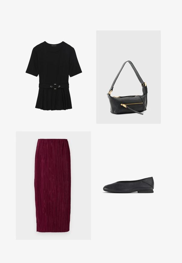 Zwart топ met korte mouwen van glad materiaal, voorzien van een peplum ontwerp en een riem in de taille met twee ronde, zilverkleurige knopen.; Bordeaux plissé midi-jurkje met een geribbelde textuur, elastische tailleband en rechte silhouet. Glad fabric met verticale plooien.; Zwarte leren platte schoen met ronde teen en lage hak, ontworpen voor casual of formele gelegenheden.; Zwart leren schoudertas met dubbele ritssluitingen, gouden accenten en een brede verstelbare riem. Soepele textuur en rechthoekige vorm.