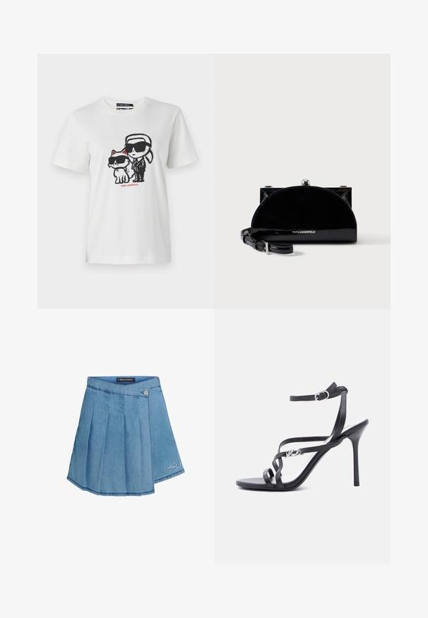 Hvid bomulds t-shirt med et grafisk motiv af en karakter og en kat, som begge bærer solbriller. Designet inkluderer sorte konturer og røde accenter.; Lyseblå denimnederdel med plisseret design, metalknaplukning og broderet detalje i kanten. Glat tekstur og A-formet silhouette.; Sort højhælet sandal med tynde stropper, ankelspænde og en metal-logo detalje på siden af stroppen, sat mod en hvid baggrund.; Sort skinnende halvmåneformet clutch-taske med sølvrammelås og justerbar rem, mærket med Karl Lagerfeld-logo på fronten.