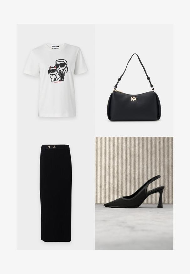 Weißes Baumwoll-T-Shirt mit einem Grafikdesign eines Charakters und einer Katze, die beide Sonnenbrillen tragen. Das Design enthält schwarze Umrisse und rote Akzente.; AERON FORUM - Bleistiftrock - black; Schwarzer Slingback-Pumps mit spitzer Zehenpartie und DKNY-Logo innen, auf einem reflektierenden Boden nahe einem Metallgestell mit Leinwänden platziert.; Schwarze Lederhandtasche mit glatter Oberfläche, Logo in Goldoptik, Reißverschluss und einem verstellbaren Tragegurt. Runde Form mit strukturiertem Design.